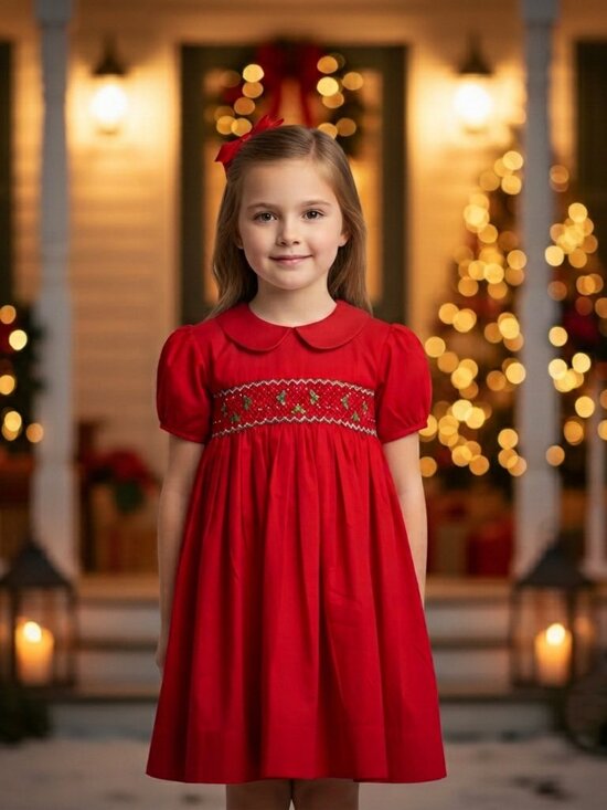 Spinning Grace Other - Holly Berry Smocked Dress-Christmas Holiday Collections